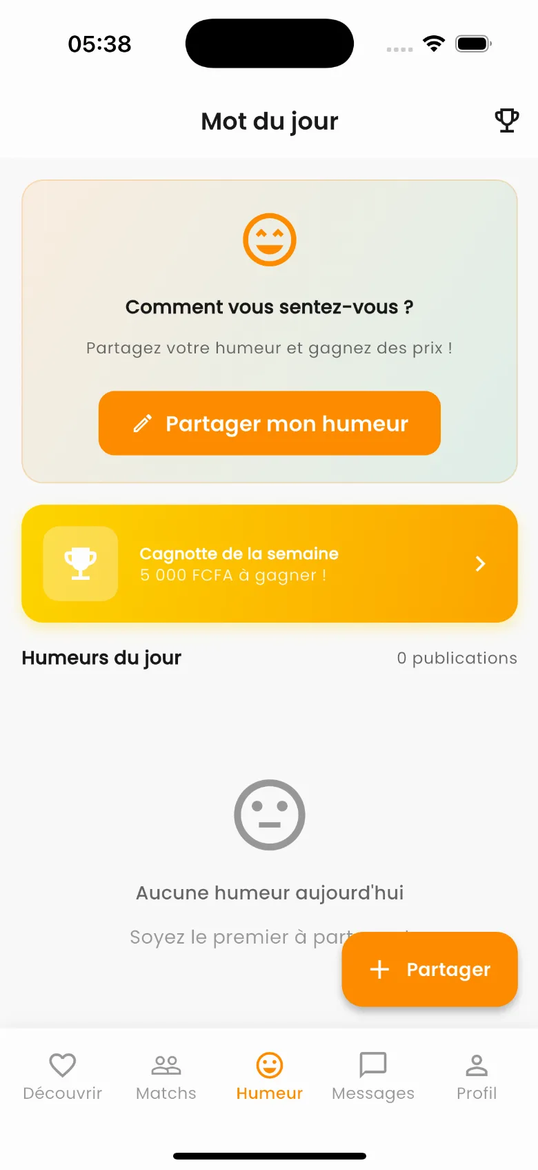 Écran Humeur du jour avec option de partage d'humeur et cagnotte hebdomadaire à gagner